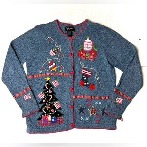 Theme Works Women’s Large Ugly Christmas Sweater Patriotic Kikit Vintage Grandma